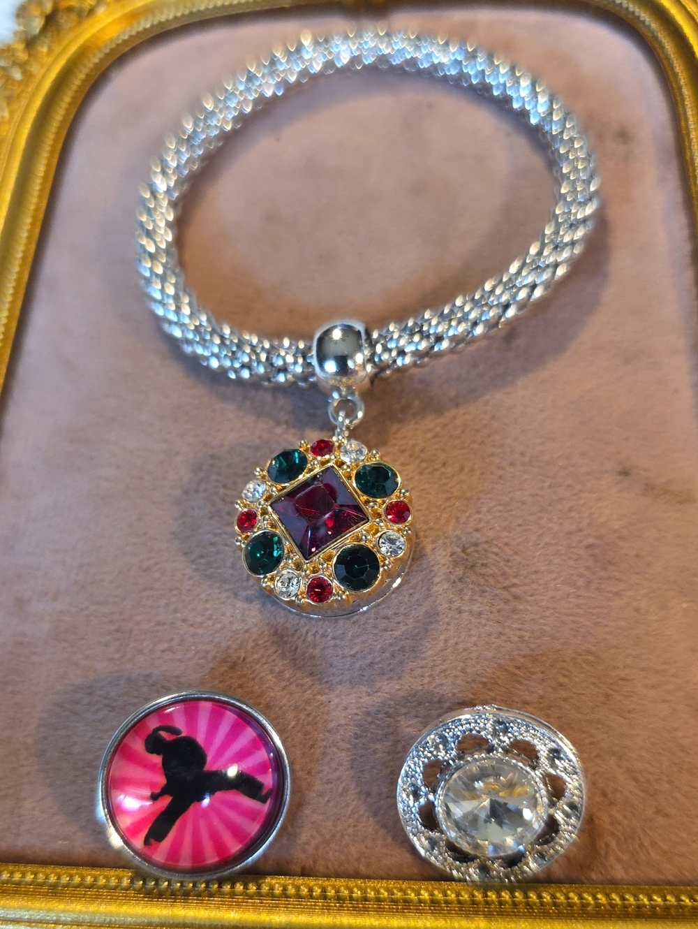 Vintage Interchangeable Snap Button Charm Stretch Mesh Bracelet Set with 3 Snaps